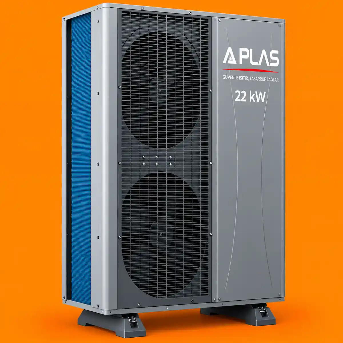 Turuncu arka planda A Plas 22 kW çift fanlı inverter hava kaynaklı ısı pompası, gri gövde ve mavi eşanjör.
