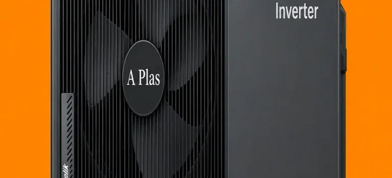 Turuncu arka planda siyah Arçelik inverter ısı pompası, fan merkezinde A Plas yazısı.