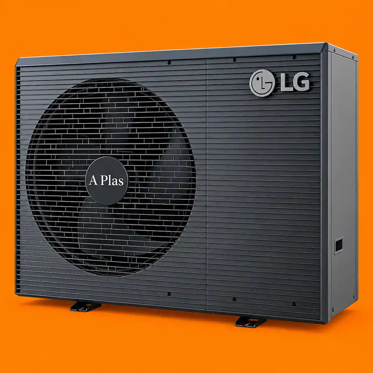 Turuncu arka planda LG Therma V R32 16 kW monoblok ısı pompası, fan merkezinde A Plas yazısı.